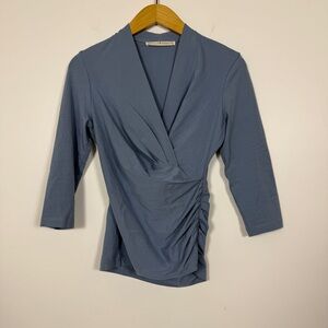 Pima Cotton Wrap Top Ruched Side Surplice Dusty Blue XS Soft Stretch Knit